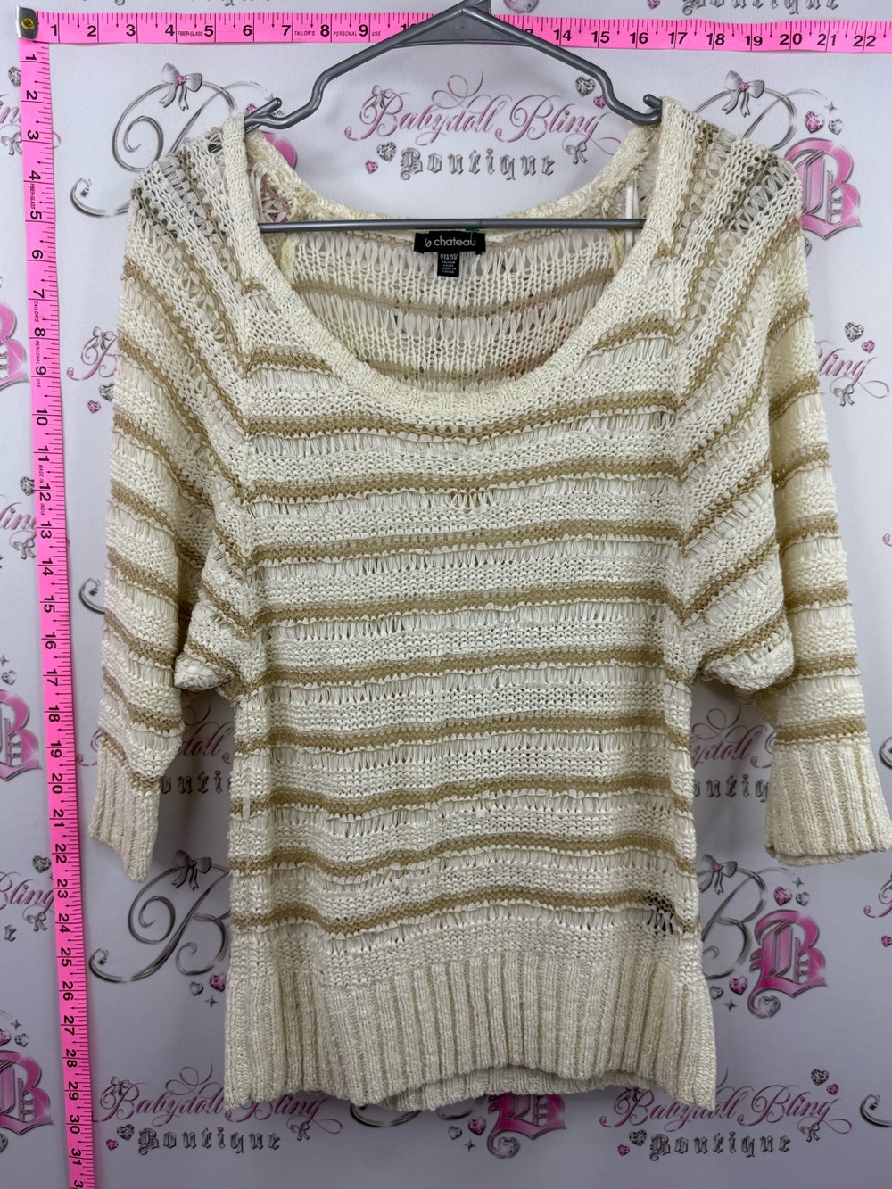 le chateau sweater knit Cream & brown tan Striped Open-Knit Scoop Neck Sweater